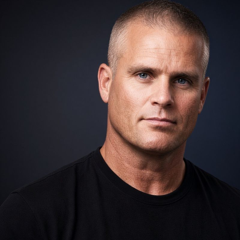 Portrait of Forrest Munden, Firefighter Paramedic and founder of ID44, wearing a dark crew-neck shirt